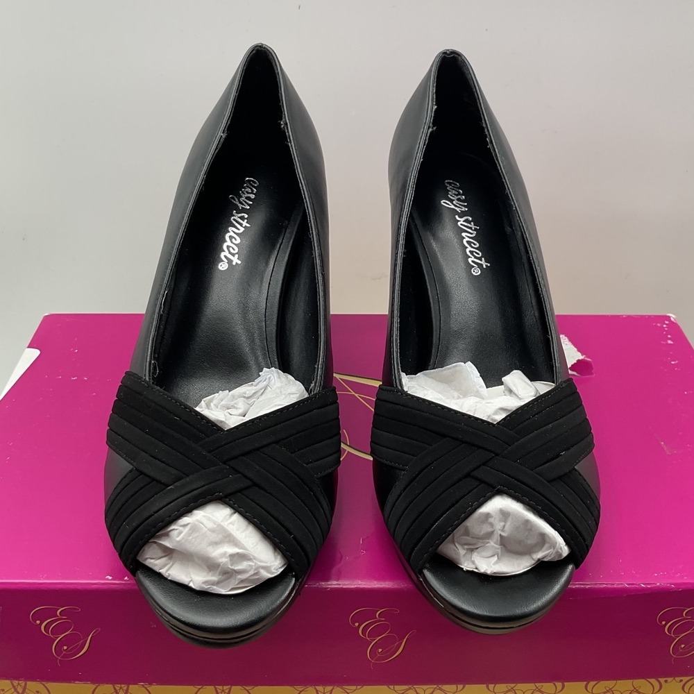 Easy Street Black Peep Toe Pumps Pleated Crisscross Block Heels 31-3464 Size 7N
